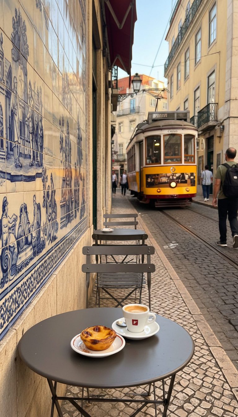 A café table on a cobbled street in Lisbon, with a tram passing by